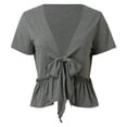 thumbnail image 1 of Women's Plus Size V Neck Short Sleeve Blouse Ruffle Hem Tie Front Crop Top Lightweight Summer Casual Tunic Shirt, 1 of 6