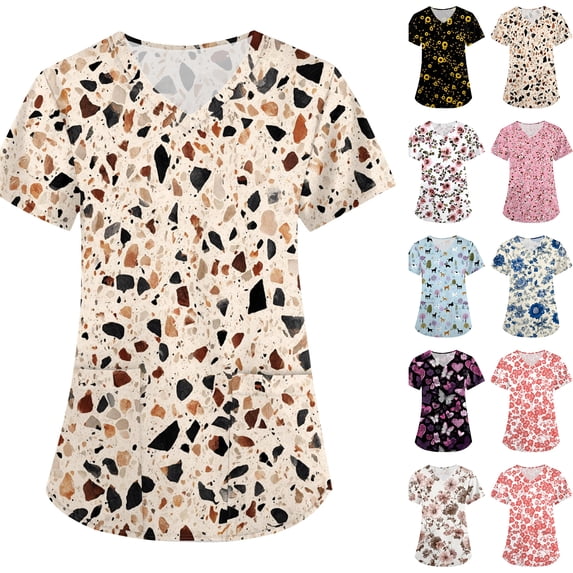 Women's Plus Size V-Neck Short Sleeve Fun Printed Scrub Top Medical Nursing Uniform with Pockets Beige S