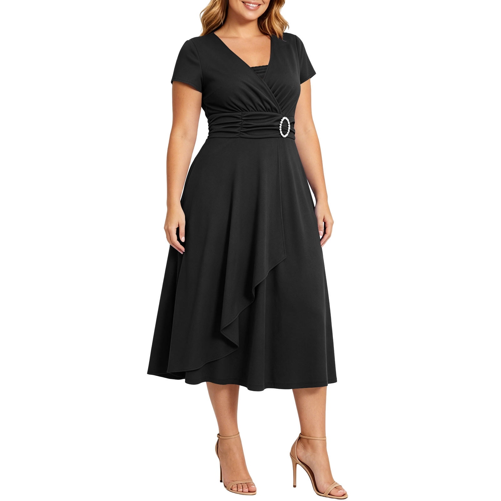 Hinvhai Women's Plus Size V Neck Short Sleeve Midi Dress, High Waist Flared A-Line Solid Vintage Swing formal Dress Purple L(l), Size: Large