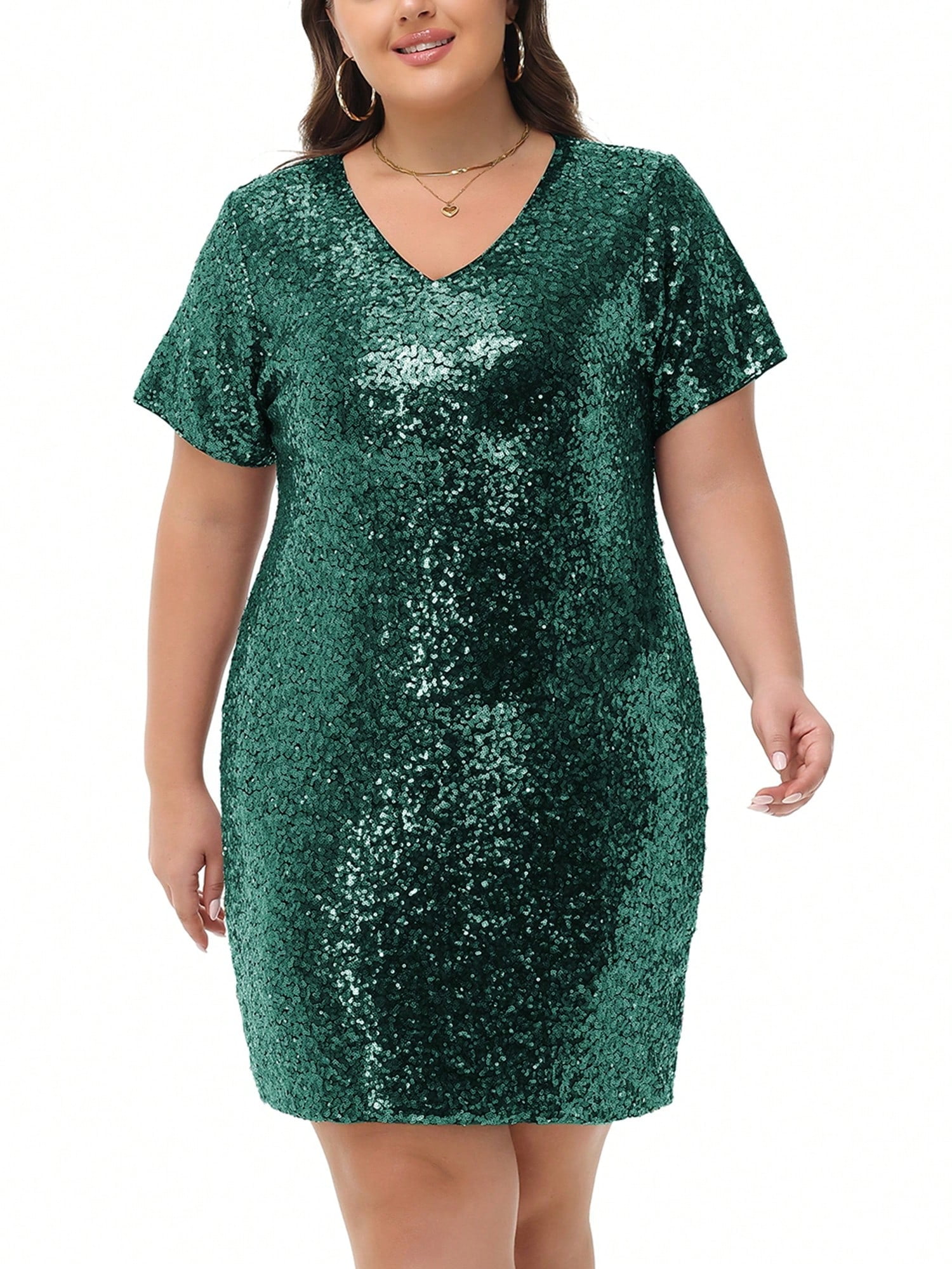 Women's Plus Size V-Neck Short Sleeve Sequin Party Dress- 4X, Dark Green - Walmart Business Supplies Women's Plus Size V-Neck Short Sleeve Sequin Party Dress- 4X, Dark Green - Walmart Business Supplies