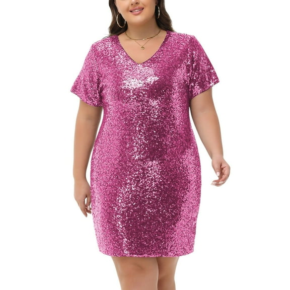 Women's Plus Size V-Neck Short Sleeve Sequin Party Dress - 4X, Fuschia