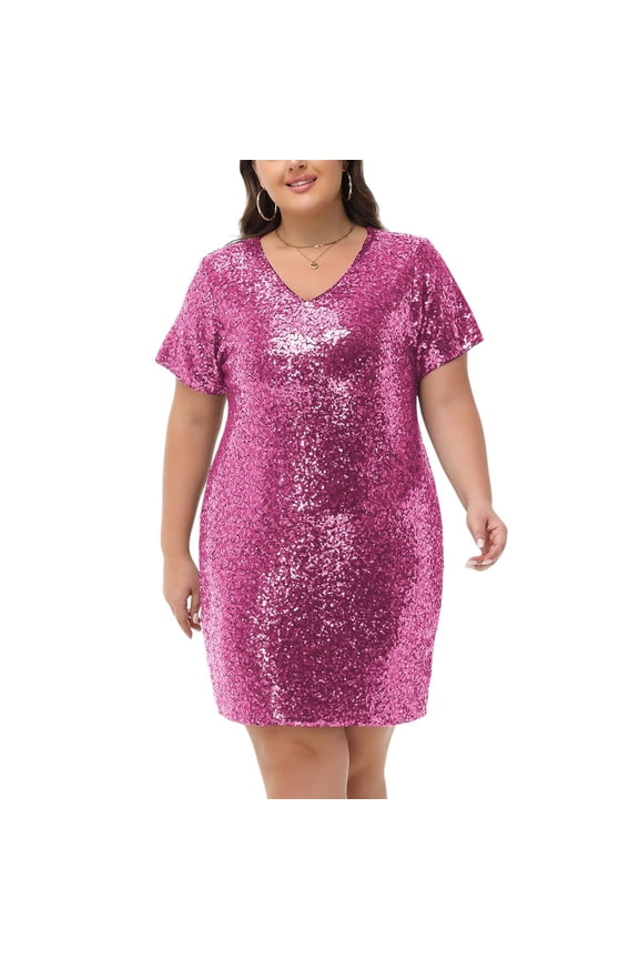 Women's Plus Size V-Neck Short Sleeve Sequin Party Dress - 4X, Fuschia
