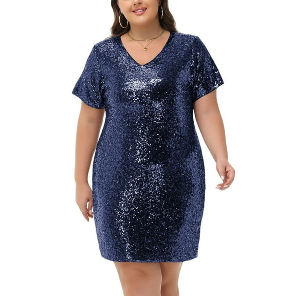 Women's Plus Size V-Neck Short Sleeve Sequin Party Dress - 4X, Navy