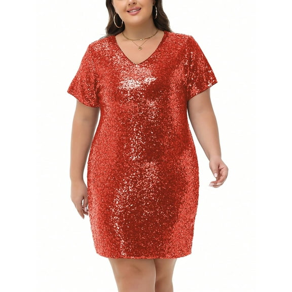 Women's Plus Size V-Neck Short Sleeve Sequin Party Dress- 4X, Red