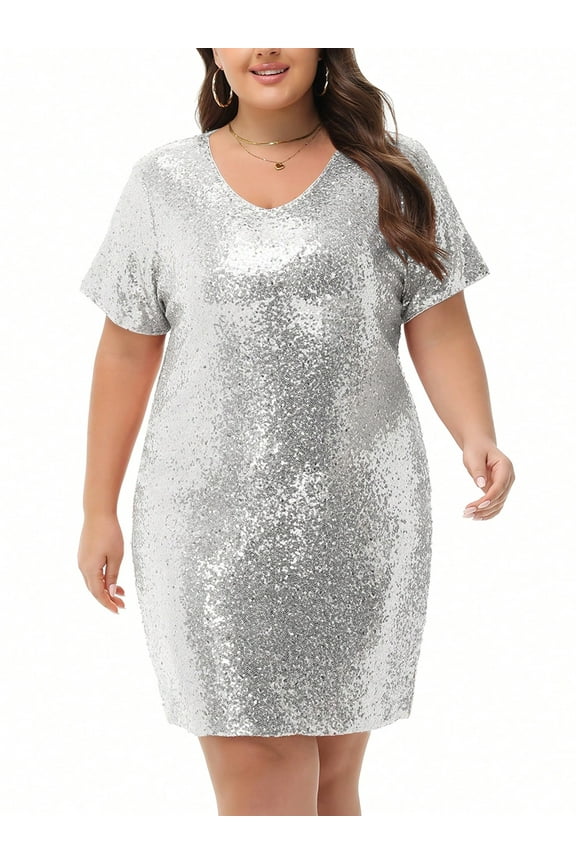 Women's Plus Size V-Neck Short Sleeve Sequin Party Dress- 4X, Silver