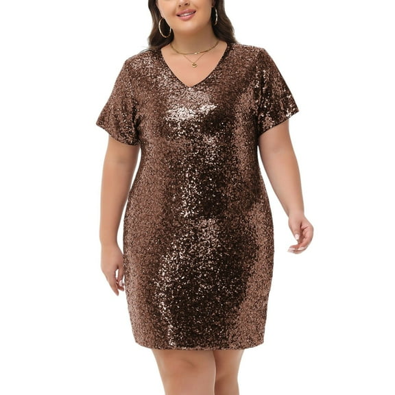 Women's Plus Size V-Neck Short Sleeve Sequin Party Dress - XX Large, Brown