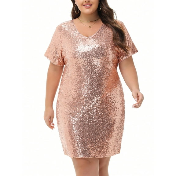 Women's Plus Size V-Neck Short Sleeve Sequin Party Dress- XX Large, Champagne