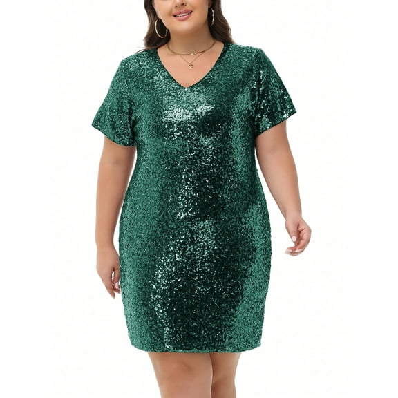 Women's Plus Size V-Neck Short Sleeve Sequin Party Dress- XX Large, Dark Green