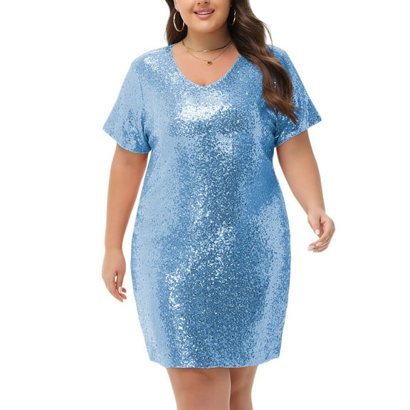 Women's Plus Size V-Neck Short Sleeve Sequin Party Dress - XX Large, Light Blue