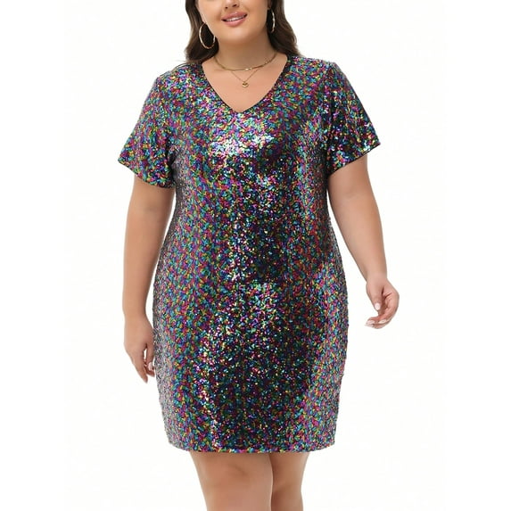 Women's Plus Size V-Neck Short Sleeve Sequin Party Dress- XXX Large, Multicolor