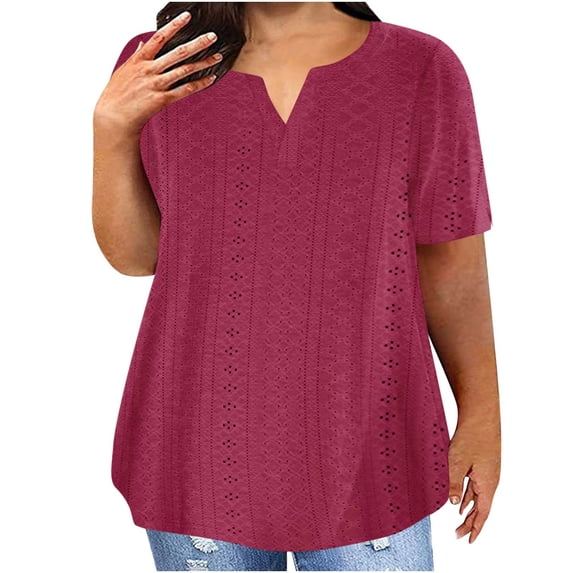 Women's Plus Size V Neck Short Sleeve Shirts Summer Casual Loose Fit Cotton Tunic Tops Basic Pullover T Shirts Solid Comfy Tees,Dressy Plus Size Tops Red,L