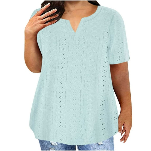 Women's Plus Size V Neck Short Sleeve Shirts Summer Casual Loose Fit Cotton Tunic Tops Basic Pullover T Shirts Solid Comfy Tees,Plus Size Womens Tunic Tops Blue,S