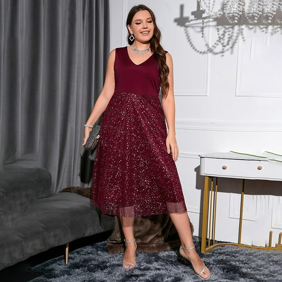 Women's Plus Size V Neck Sleeveless Sequin Cocktail Party Midi Dress