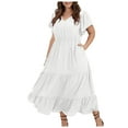 thumbnail image 1 of Women's Plus Size V-Neck Solid Color Ruffled Sleeves Pleated Casual Dress - Polyester Summer Fashion, 1 of 4