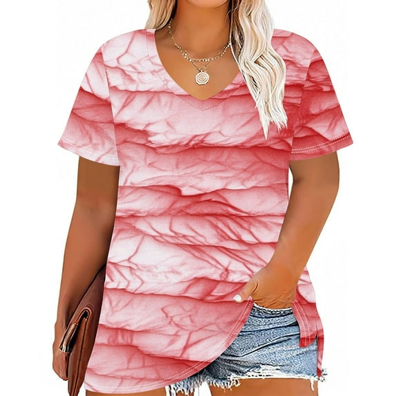 Women's Plus Size V-Neck T-Shirt Vintage Print Short Sleeve Shirts for Women Loose Summer Beach Vacation Graphic Basic Tee Casual Tops