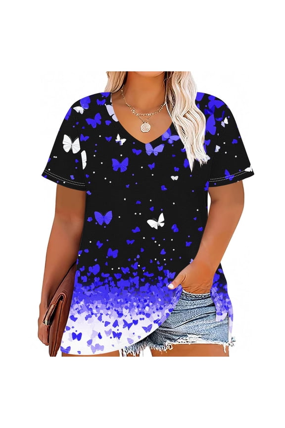 Women's Plus Size V-Neck T-Shirt Vintage Print Short Sleeve Shirts for Women Loose Summer Beach Vacation Graphic Basic Tee Casual Tops