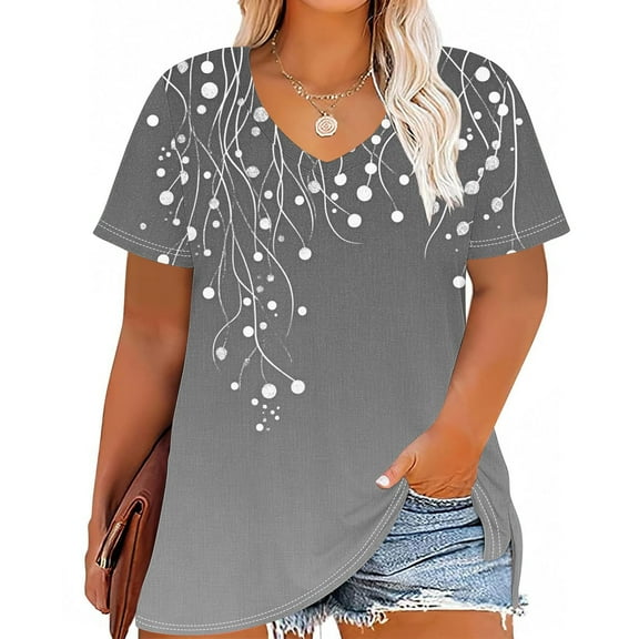 Women's Plus Size V-Neck T-Shirt Vintage Print Short Sleeve Shirts for Women Loose Summer Beach Vacation Graphic Basic Tee Casual Tops