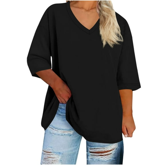 Women's Plus Size V Neck T Shirts 2025 Summer Half Sleeve Tees Casual Loose Fit Cotton Tunic Tops Blouses