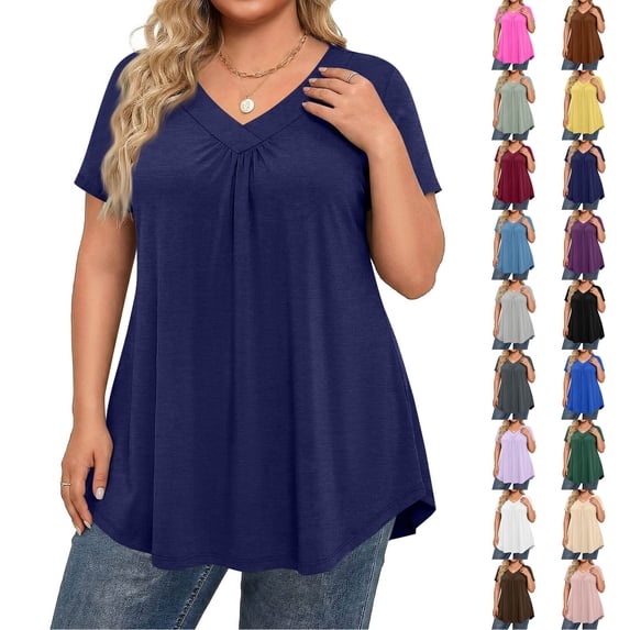 Women's Plus Size V Neck T Shirts Short Sleeve Tops Casual Summer Tshirts Loose Fit Tees Dark Green 2XL