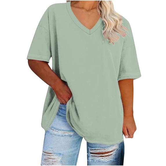 Women's Plus Size V Neck T Shirts Summer Half Sleeve Tees Casual Loose Fit Cotton Tunic Tops Green 02