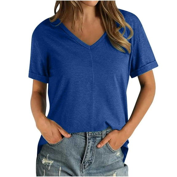Women's Plus Size V Neck T Shirts Summer Half Sleeve Tees Casual Loose Fit Cotton Tunic Tops