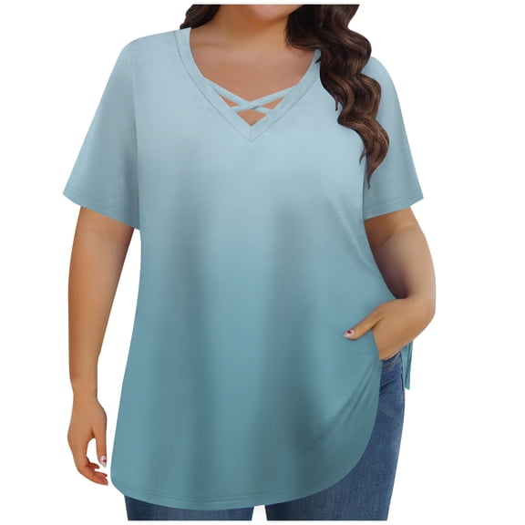 Women's Plus Size V Neck T Shirts Summer Half Sleeve Tees Casual Loose Fit Cotton Tunic Tops