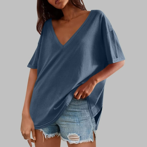 Women's Plus Size V Neck T Shirts Summer Half Sleeve Tees Casual Loose Fit Cotton Tunic Tops