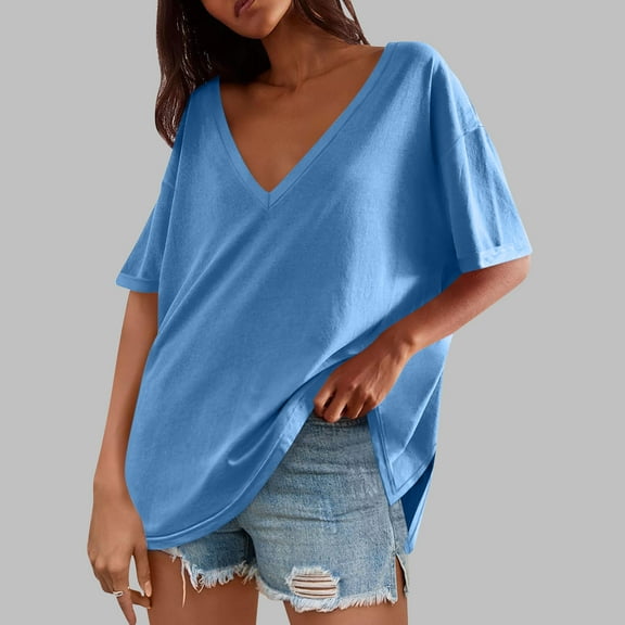 Women's Plus Size V Neck T Shirts Summer Half Sleeve Tees Casual Loose Fit Cotton Tunic Tops