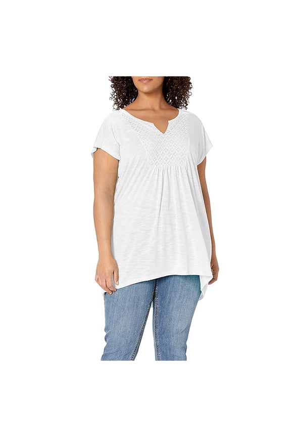 Women's Plus Size V-Neck Tunic, Crochet Bib Detail Short Sleeve Top, Soft Casual Loose Fit Blouse with Shirring for Comfort, Figure Flattering Shirt for Everyday Wear - White