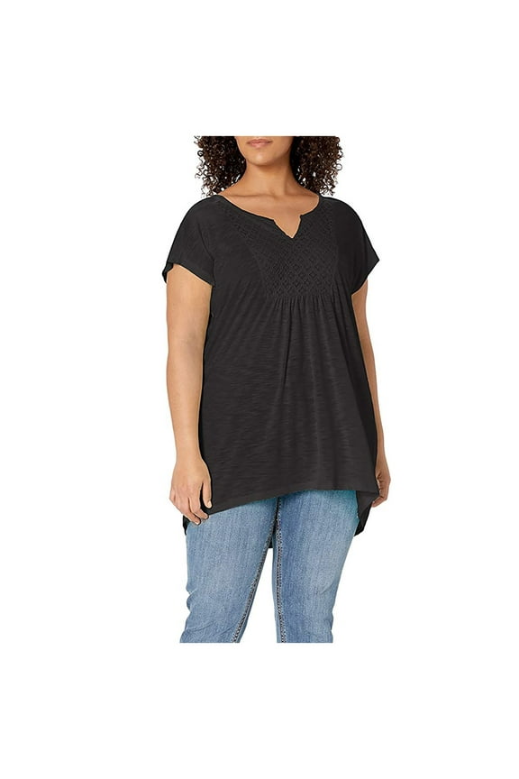 Women's Plus Size V-Neck Tunic, Crochet Bib Detail Short Sleeve Top, Soft Casual Loose Fit Blouse with Shirring for Comfort, Figure Flattering Shirt for Everyday Wear - Black
