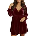 thumbnail image 1 of Women’s Plus Size V Neck Velvet Dress Long Sleeve Wrap Empire Waist Midi Dress for Wedding Guest, 1 of 7