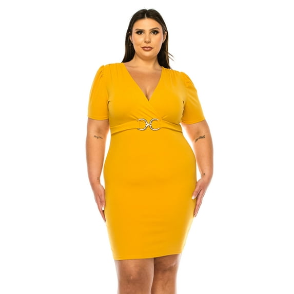Women's Plus Size V-neck Sheath Dress with Buckle Accent and Puff Sleeves