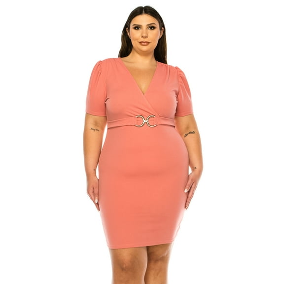 Women's Plus Size V-neck Sheath Dress with Buckle Accent and Puff Sleeves