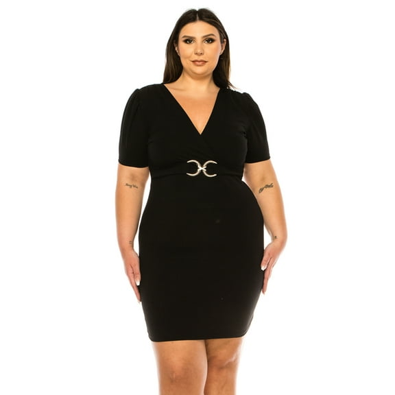 Women's Plus Size V-neck Sheath Dress with Buckle Accent and Puff Sleeves