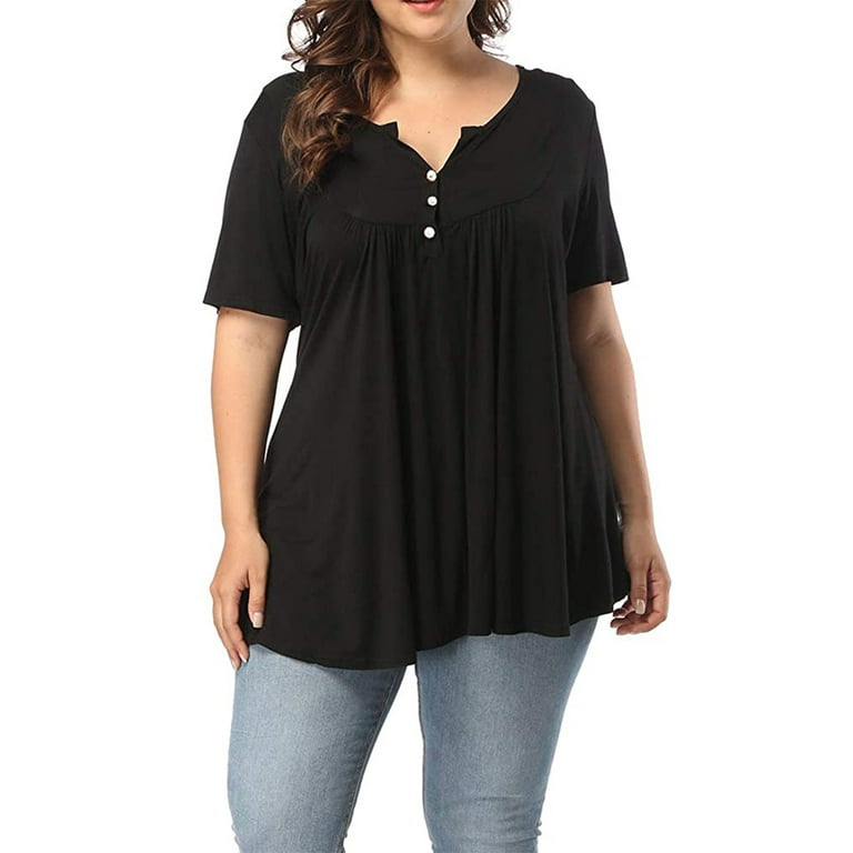 Women's Plus Size V-neck Short Sleeve Henley Shirts Buttons Up Pleated  Blouse Tunic Tops 