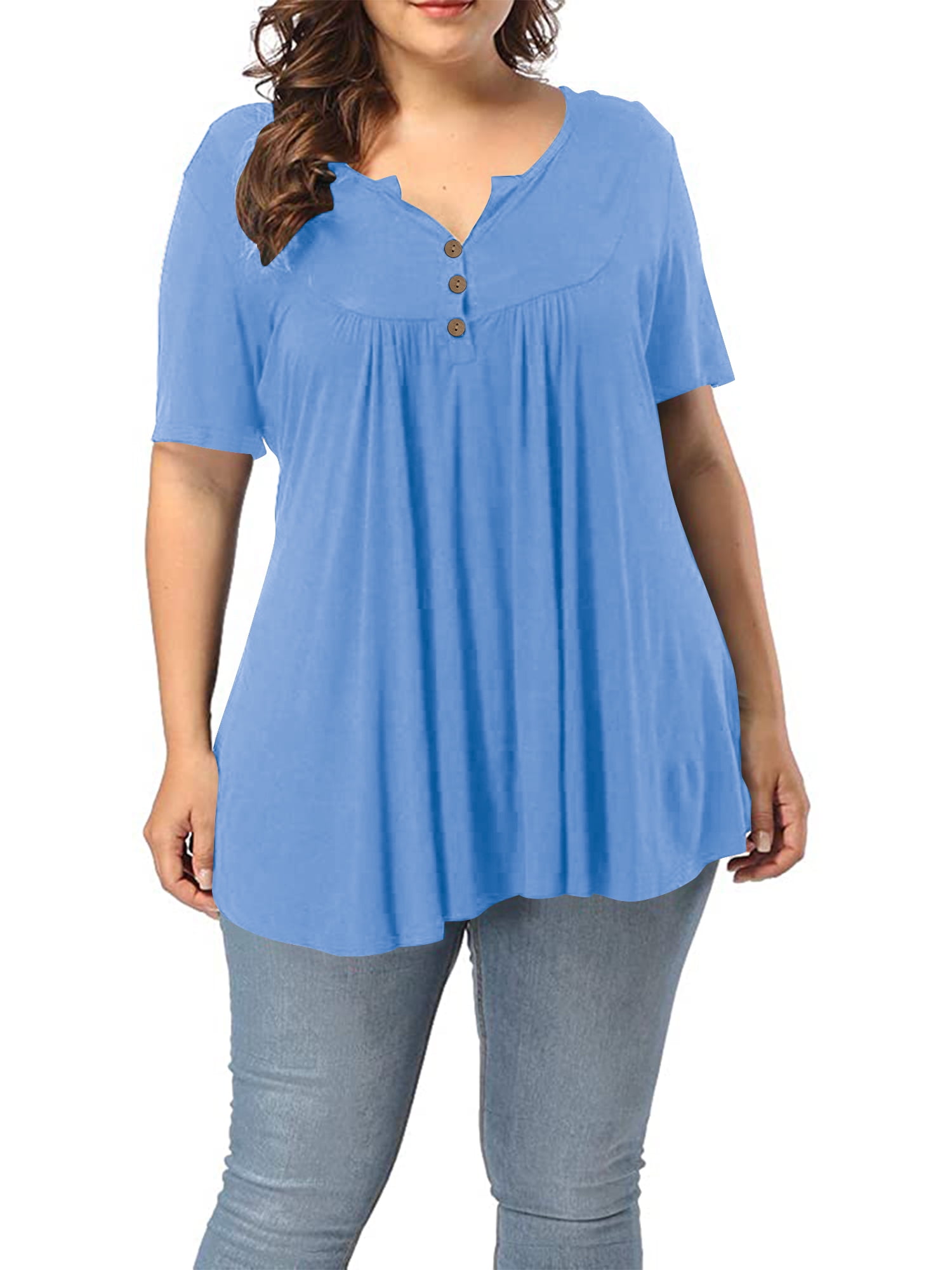 Women's Plus Size V-neck Short Sleeve Henley Shirts Buttons Up