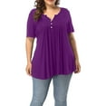 Women's Plus Size Vneck Short Sleeve Henley Shirts Buttons Up Pleated