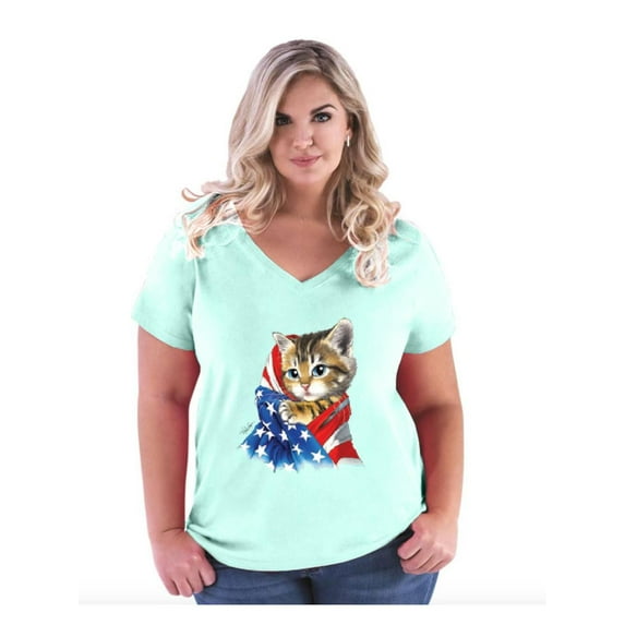 Women's Plus Size V-neck T-Shirt - American Flag 4th of July Kitty