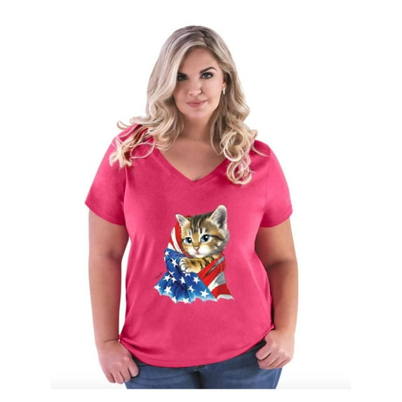 Women's Plus Size V-neck T-Shirt - American Flag 4th of July Kitty