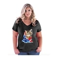 thumbnail image 1 of Women's Plus Size V-neck T-Shirt - American Flag 4th of July Kitty, 1 of 5