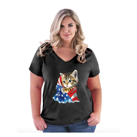 Women's Plus Size V-neck T-Shirt - American Flag 4th of July Kitty