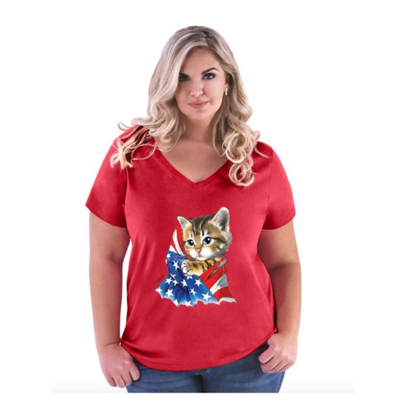 Women's Plus Size V-neck T-Shirt - American Flag 4th of July Kitty