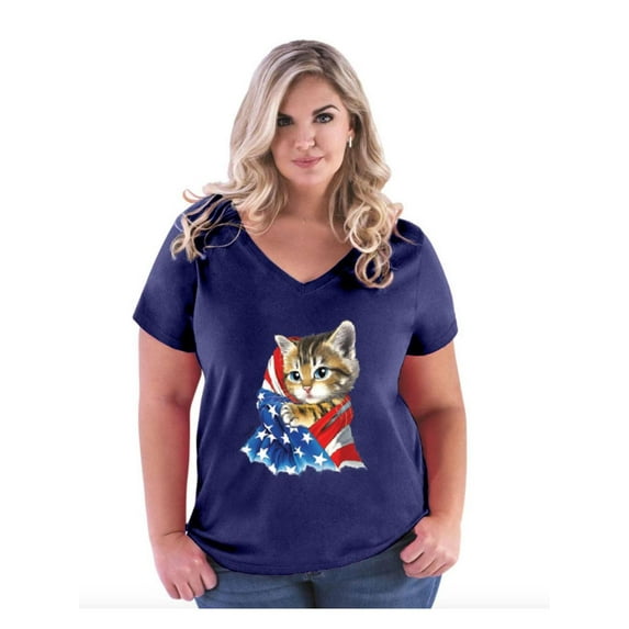 Women's Plus Size V-neck T-Shirt - American Flag 4th of July Kitty