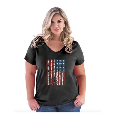 Women's Plus Size V-neck T-Shirt - American Flag 4th of July
