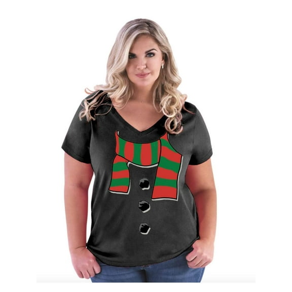 Women's Plus Size V-neck T-Shirt - Christmas Snowman Scarf