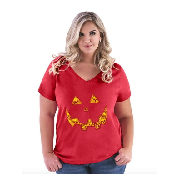 Women's Plus Size V-neck T-Shirt - Halloween Costume Pumpkin Face
