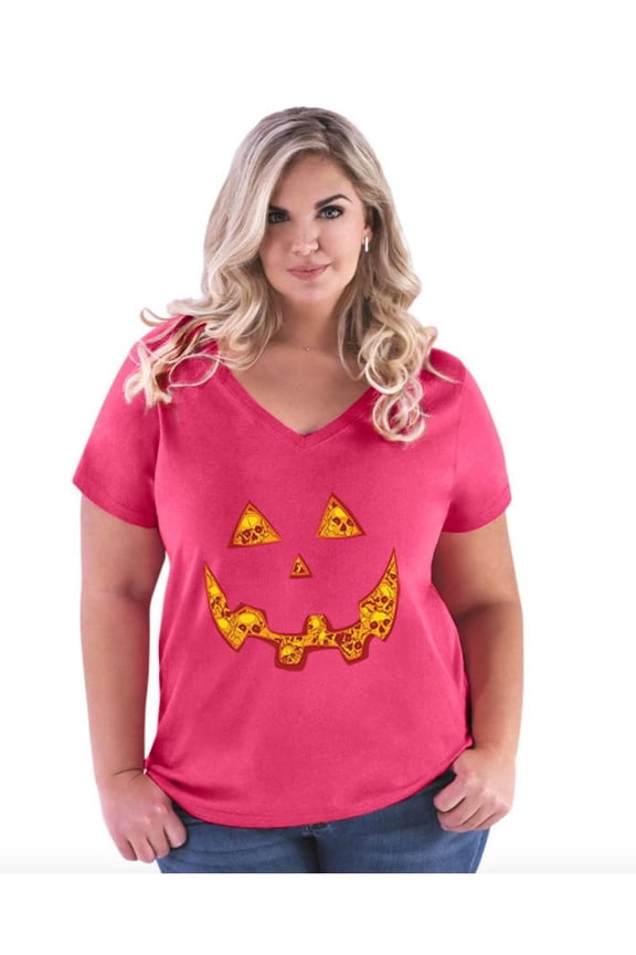 Women's Plus Size V-neck T-Shirt - Halloween Costume Pumpkin Face