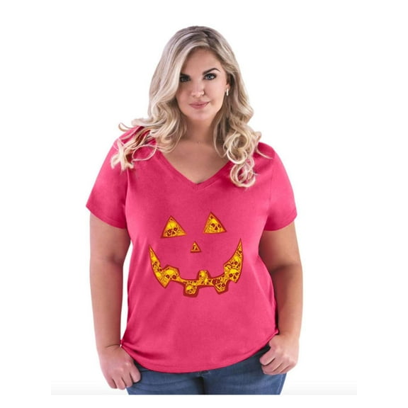 Women's Plus Size V-neck T-Shirt - Halloween Costume Pumpkin Face
