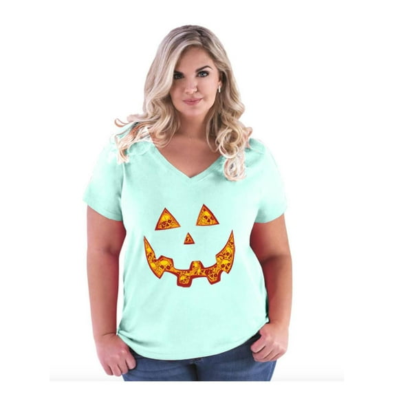Women's Plus Size V-neck T-Shirt - Halloween Costume Pumpkin Face