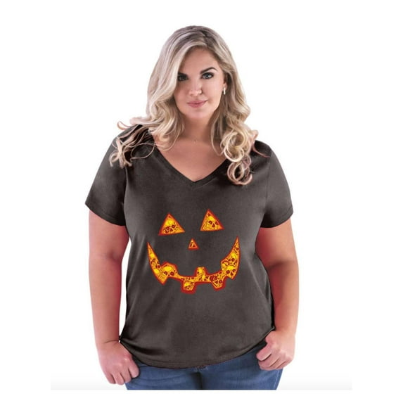 Women's Plus Size V-neck T-Shirt - Halloween Costume Pumpkin Face
